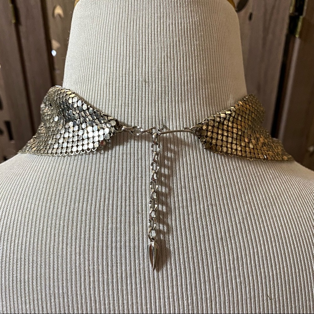 Whiting & Davis Designer 70s Silver Mesh Disco Bib Necklace - Picture 5 of 13